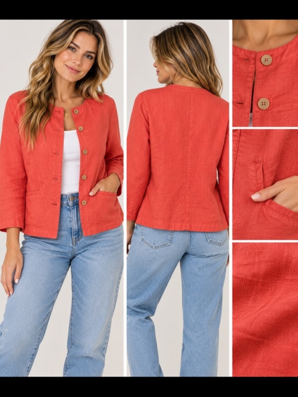 Choices Coral Red 100% Linen Button Front Jacket Blazer Size Large